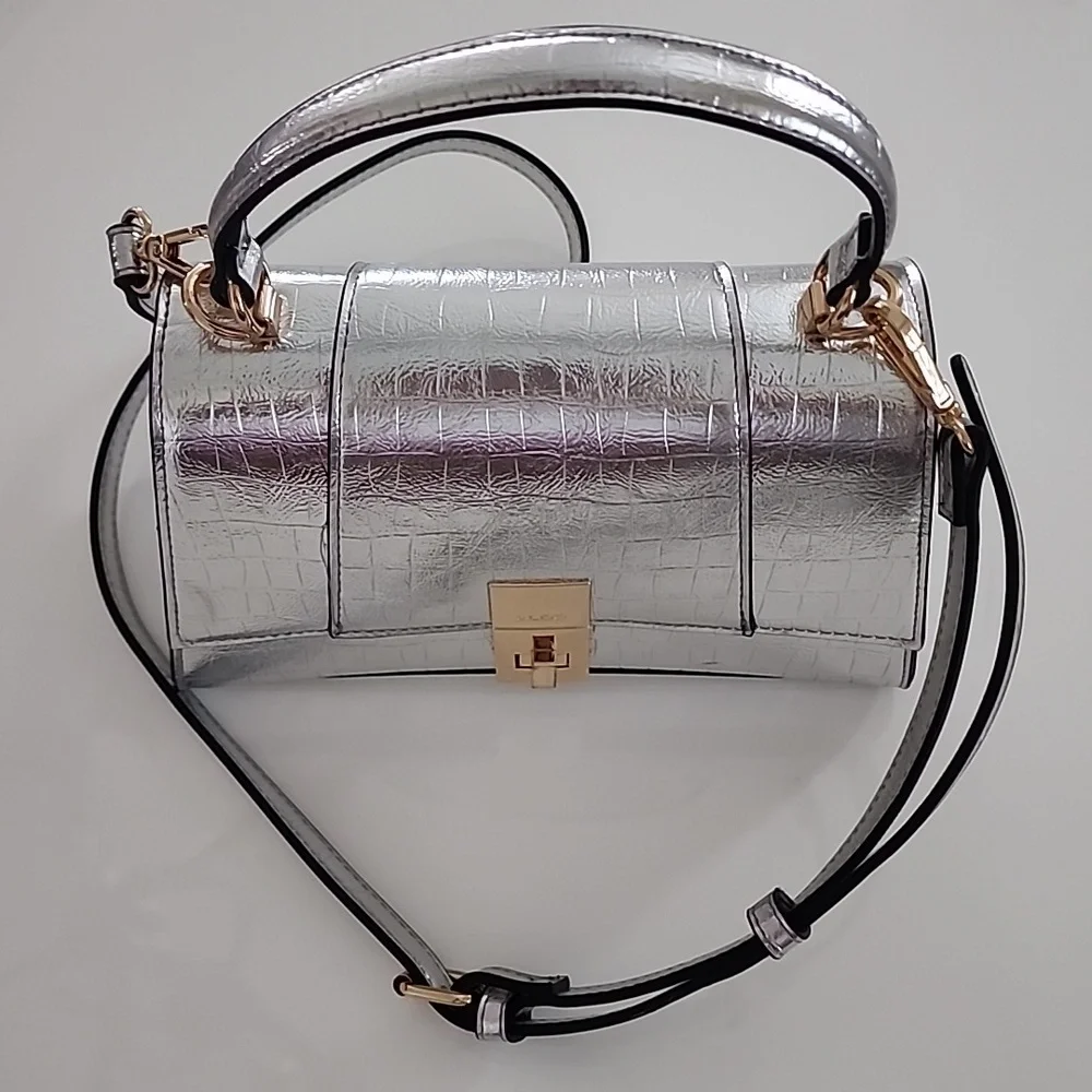 Aldo Rotoua Silver Gold Two Tone Metallic Top Handle Crossbody Mini Handbag - Picture 8 of 14